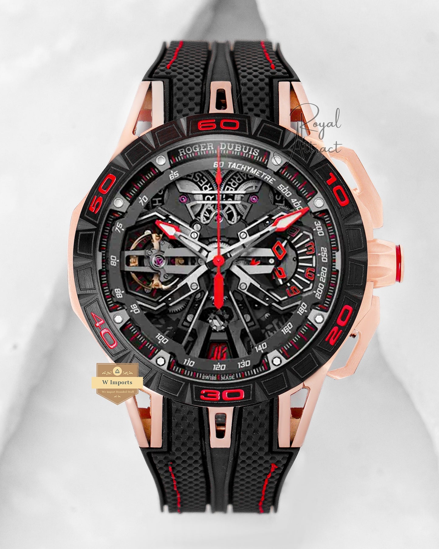 Latest Excalibur Rose Gold Case With Black Skeleton Dial & pvc Strap