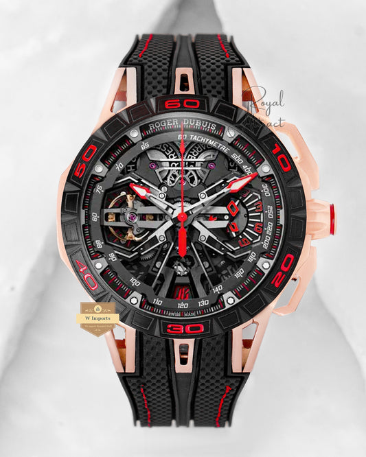 Latest Excalibur Rose Gold Case With Black Skeleton Dial & pvc Strap