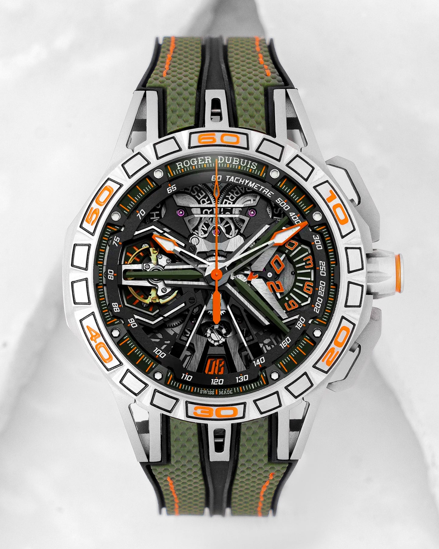 Latest Excalibur Matt Case With Skeleton Dial & Olive Green Pvc Strap