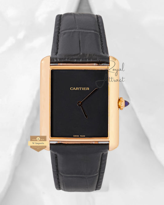 Latest Premium Collection Yellow Gold Case With Black Dial & Leather Strap Watch