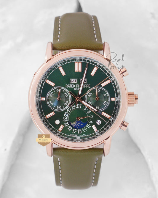 Latest Collection Chronograph Rose Gold Case With Green Dial Leather Strap