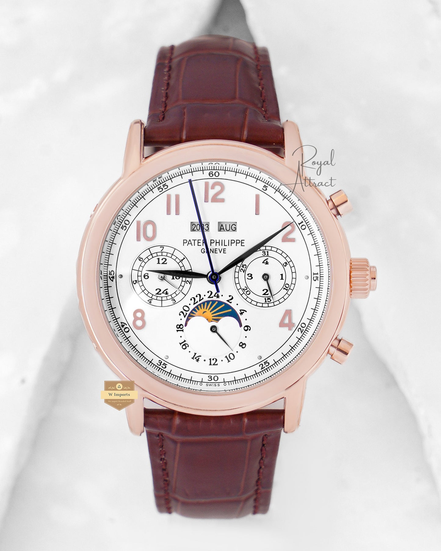 Latest Collection Chronograph Rose Gold Case With White Dial & Brown Leather Strap