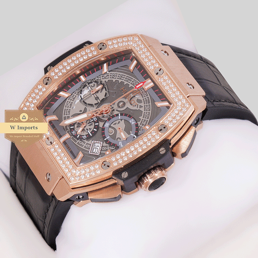 New Arrival Chronograph Rose Gold Stone Bezel & Skeleton Dial With Black Leather Strap