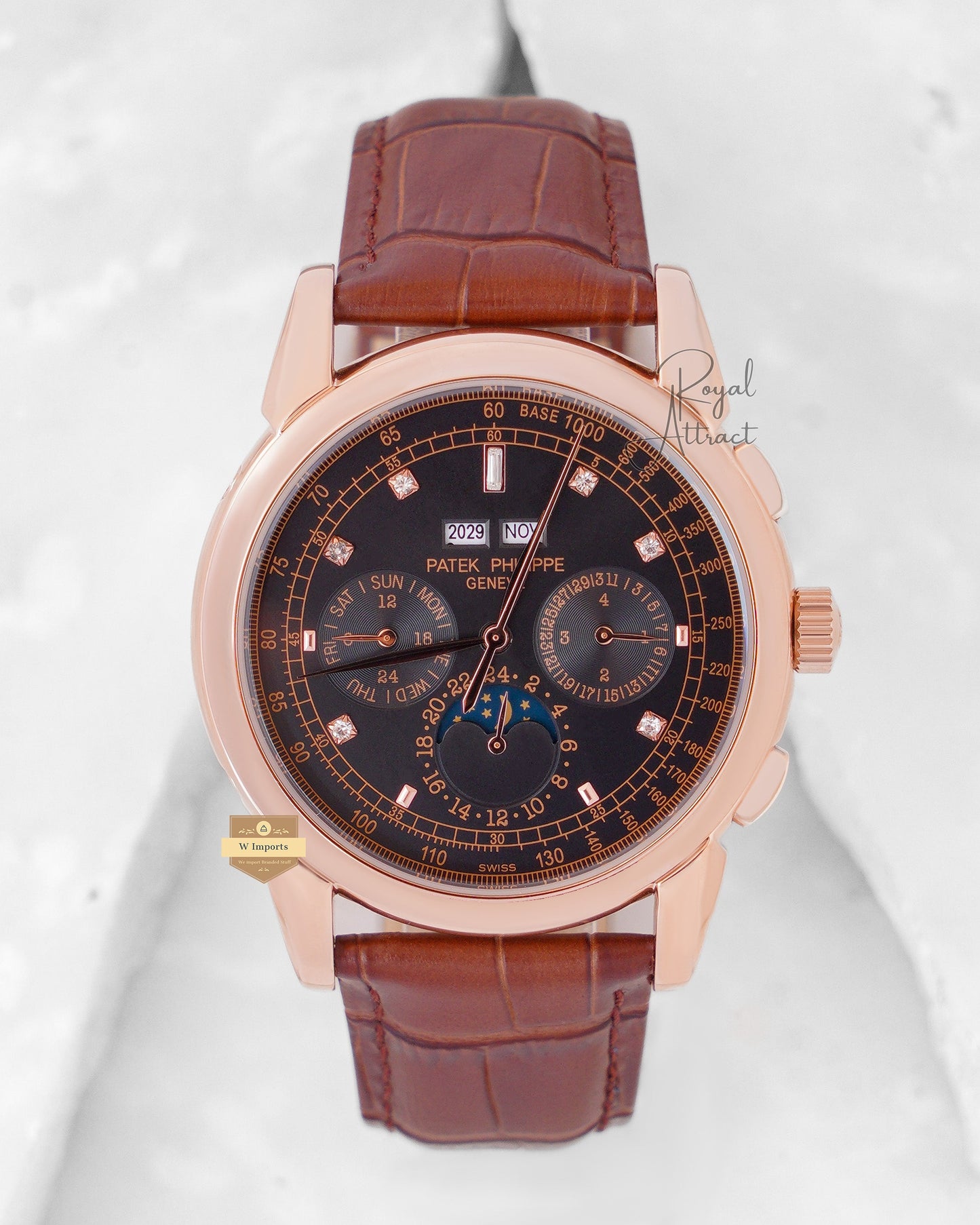 LATEST COLLECTION MOON PHASE ROSE GOLD CASE WITH Black DIAL & BROWN LEATHER STRAP