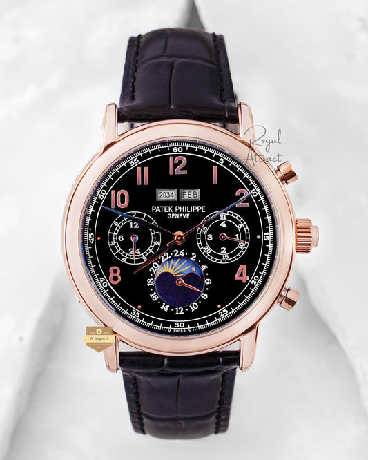 Latest Collection Chronograph Rose Gold Case With Black Dial Leather Strap