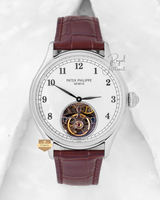Latest Collection Tourbillon Silver Case With Dial & Leather Strap