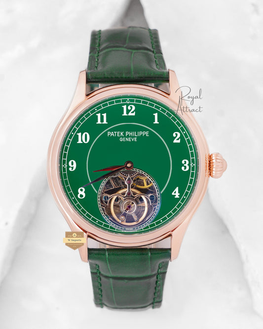 Latest Collection Tourbillon Rose Gold Case With Green Dial & Leather Strap
