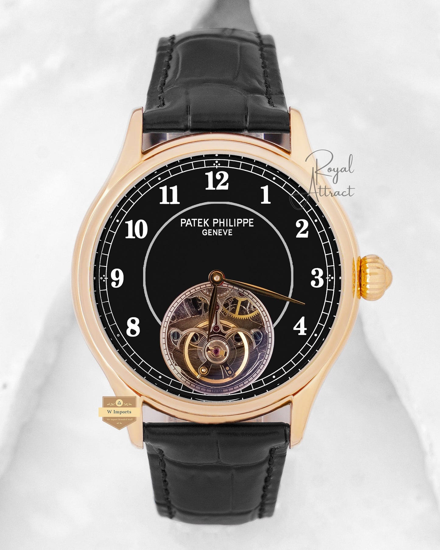 Latest Collection Tourbillon Rose Gold Case With Black Dial & Leather Strap
