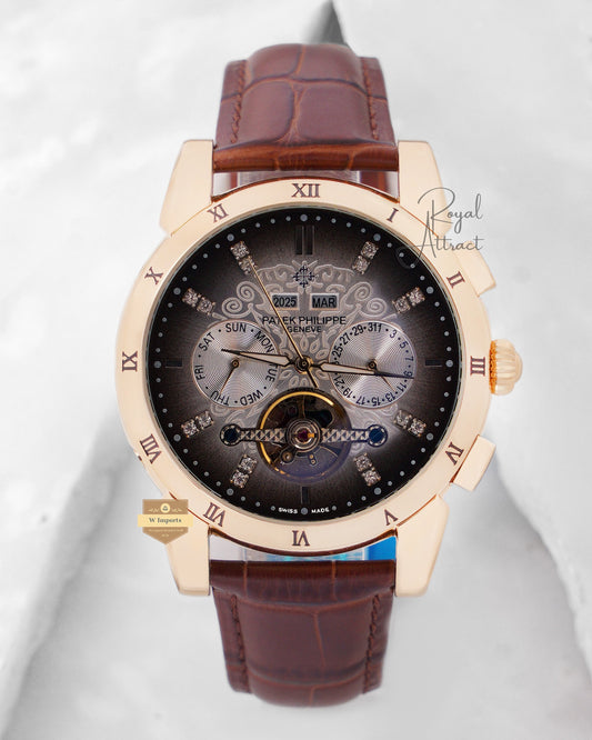 Latest Collection Chronograph Rose Gold Case With Charcoal gray Dial & Leather Strap For Men