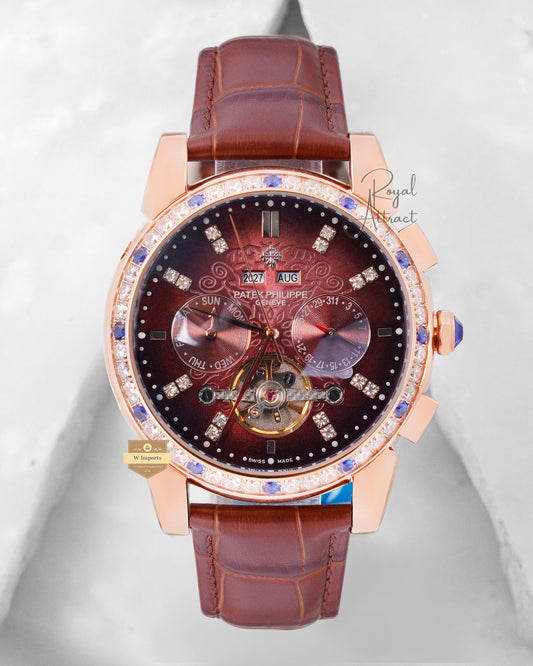 Latest Collection Chronograph Rose Gold Stone Case With Brown Dial & Leather Strap For Men