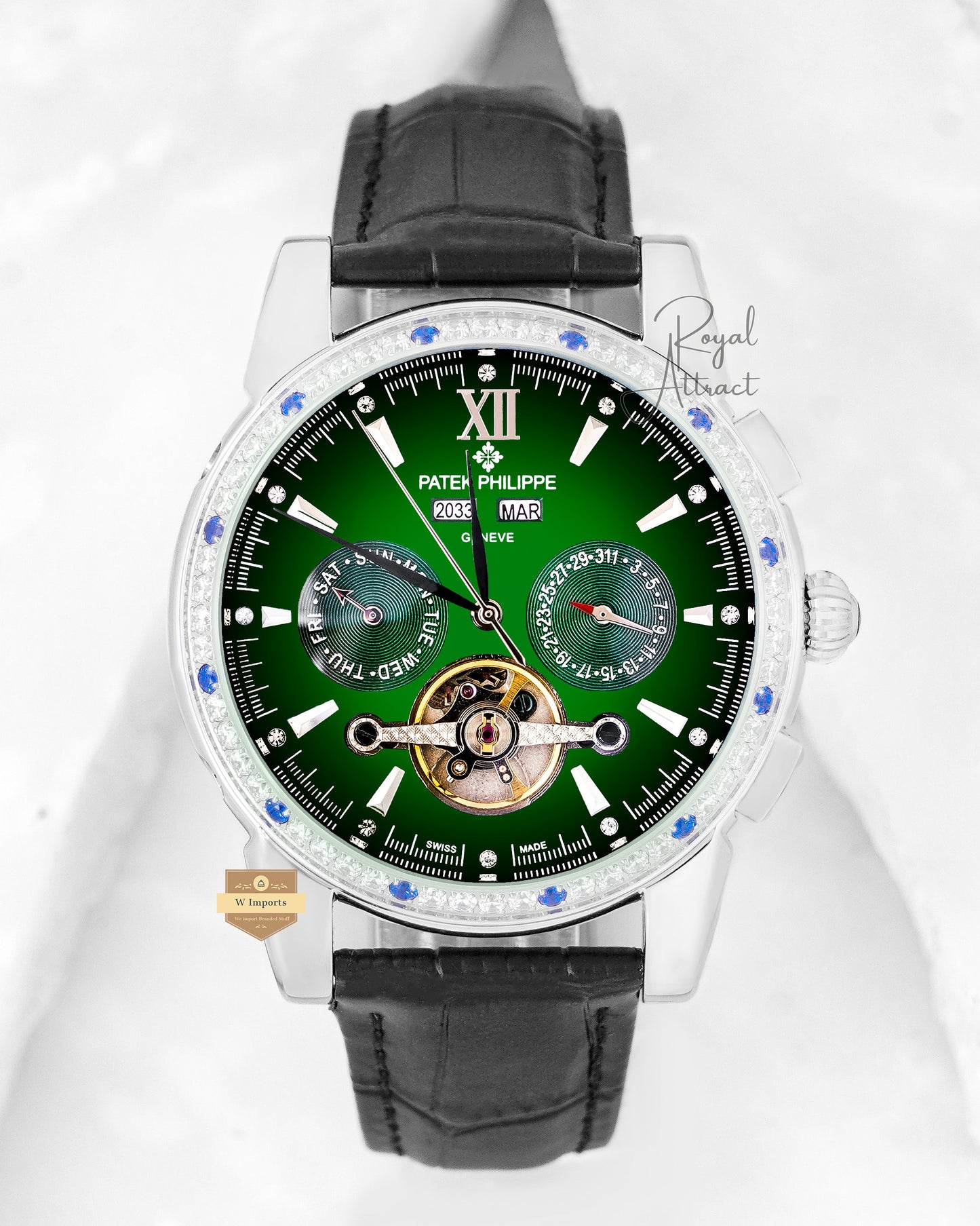 Latest Collection Chronograph Silver Case With Green Dial & Leather Strap For Men