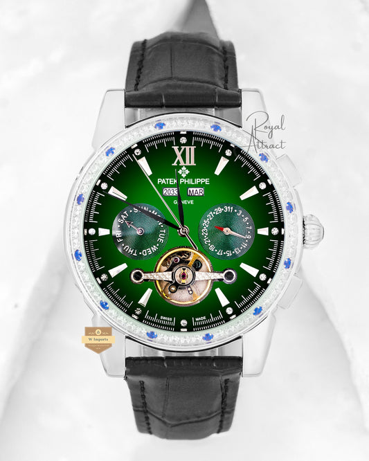 Latest Collection Chronograph Silver Case With Green Dial & Leather Strap For Men