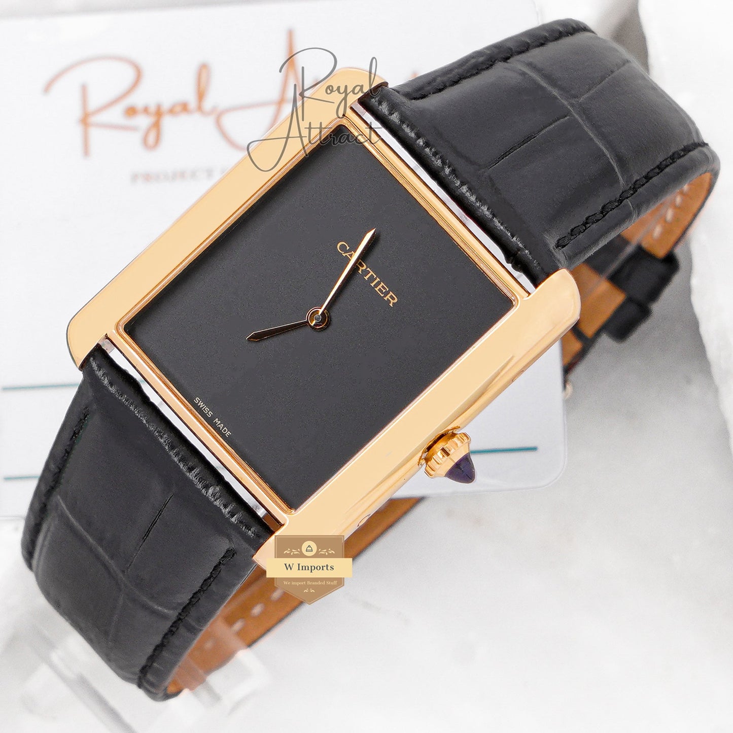 Latest Premium Collection Yellow Gold Case With Black Dial & Leather Strap Watch