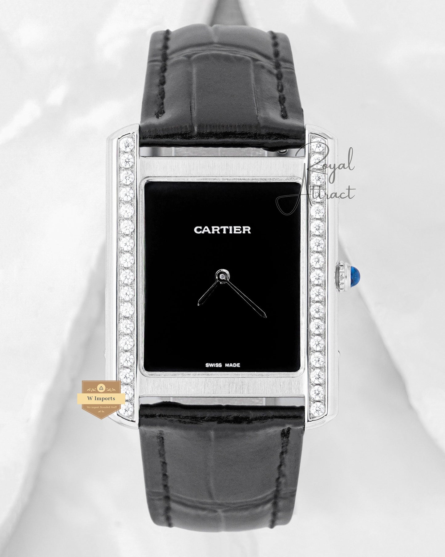 Latest Collection Silver Stone Case With Black Dial & Leather Strap Watch