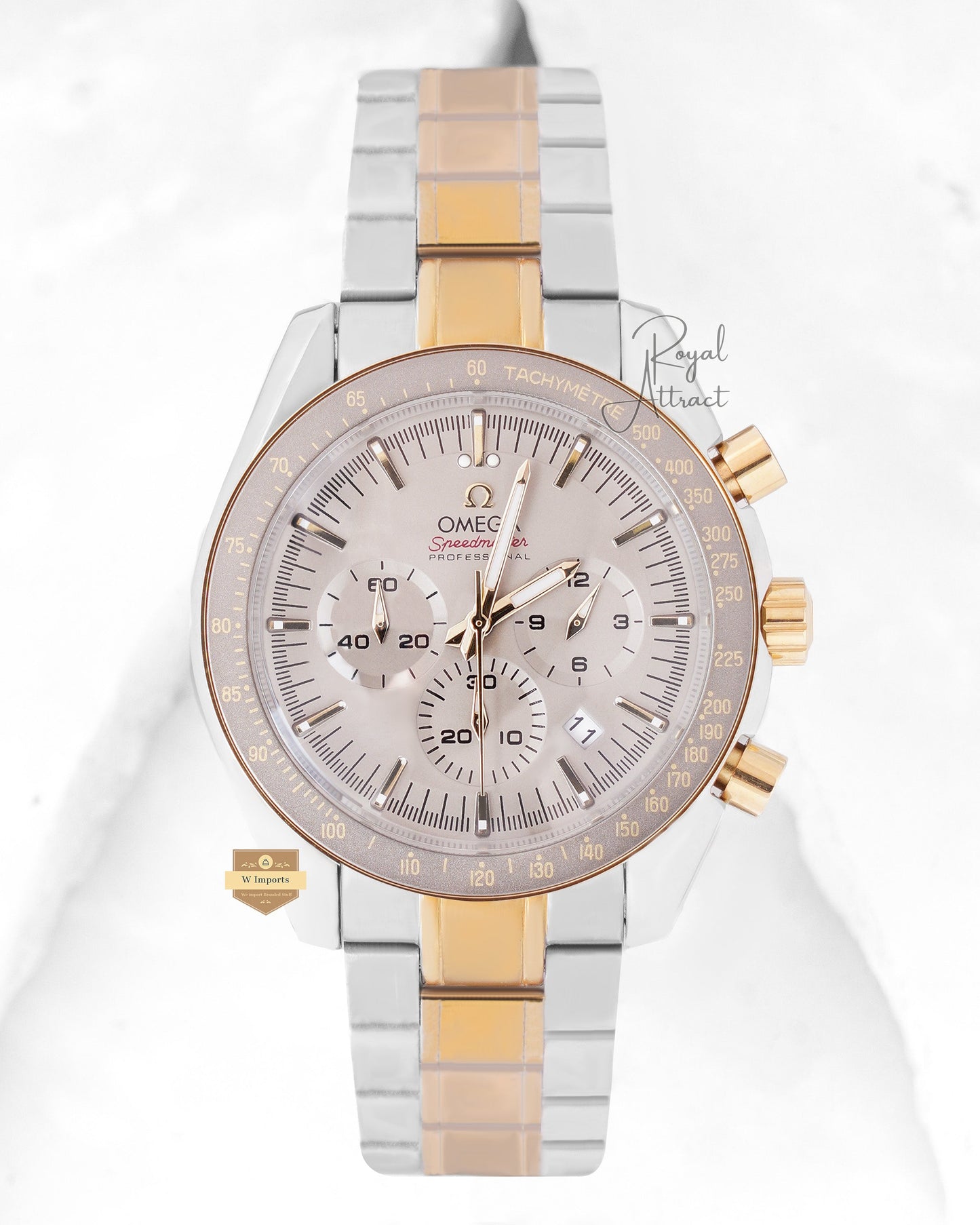 Latest Collection Chronograph Two Tone Yellow Gold With Sun dust Dial Chain Watch