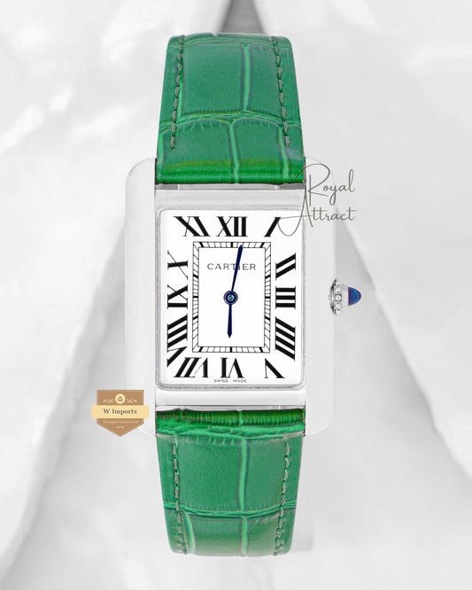 Latest Collection Silver Case With White Dial & Green Leather Strap Watch For Men