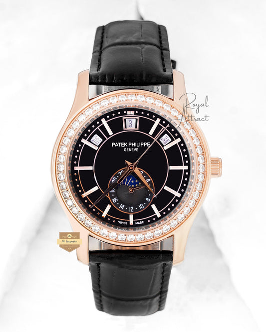 Latest Collection Moon Phase Rose Gold Case Stone Bezel With Black Dial Dial & Leather Strap