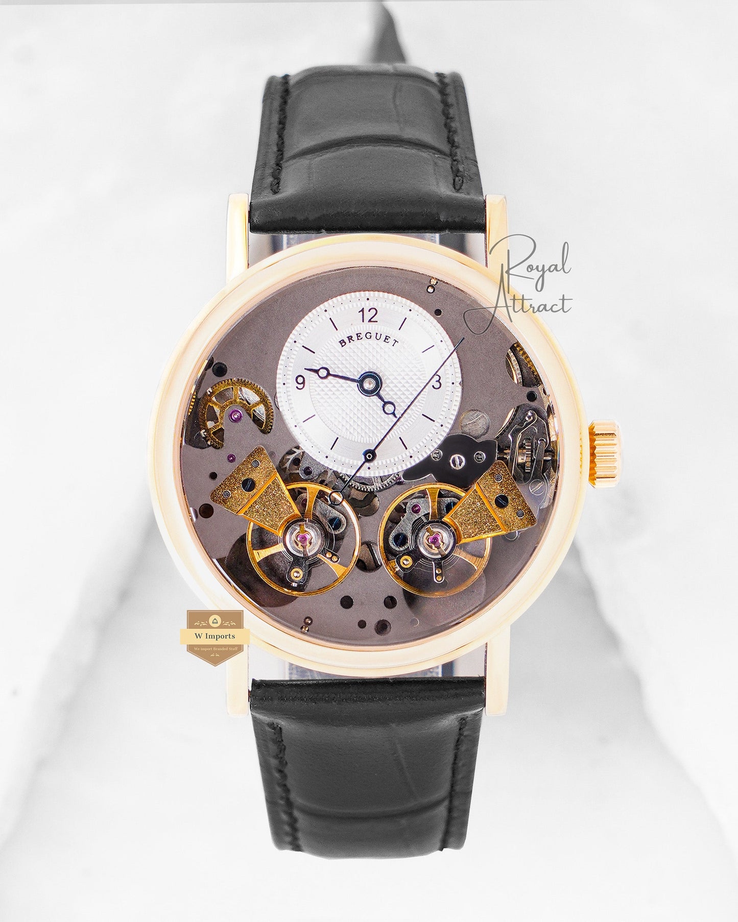 Latest Collection Double Tourbillon Yellow Gold Case With Skeleton Dial & Leather Strap
