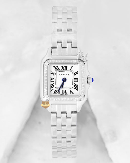 Latest Collection Silver With White Dial Stone Bezel Ladies Watch
