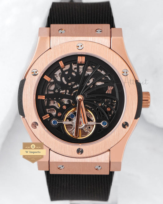 Latest Collection Tourbillon Rose Gold Case With Black Skeleton Dial Automatic watch
