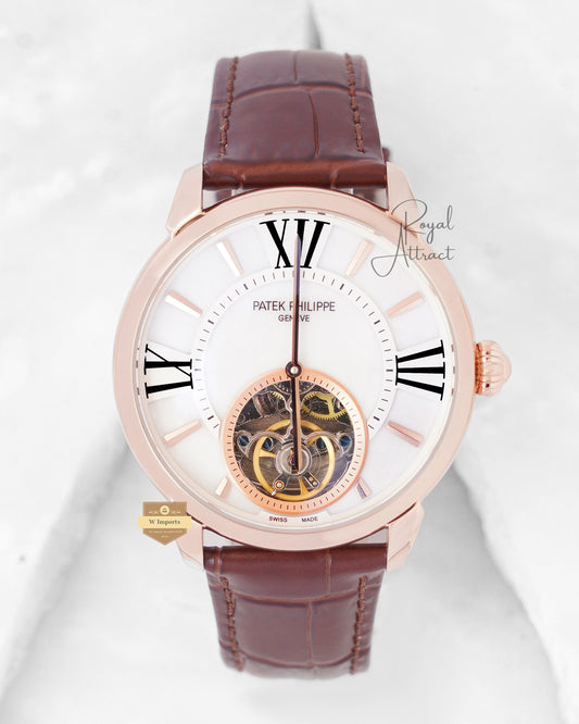 Latest Collection Tourbillon Rose Gold Case With White Dial & Brown Leather Strap