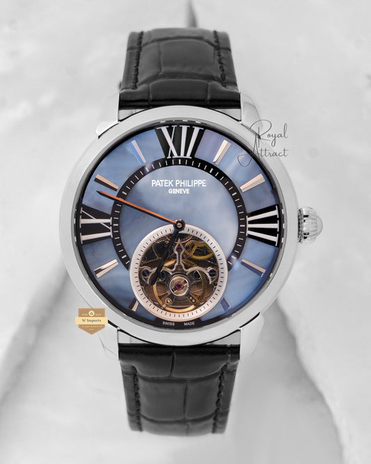 Latest Collection Tourbillon Silver Case With Galaxy Blue Dial & Leather Strap