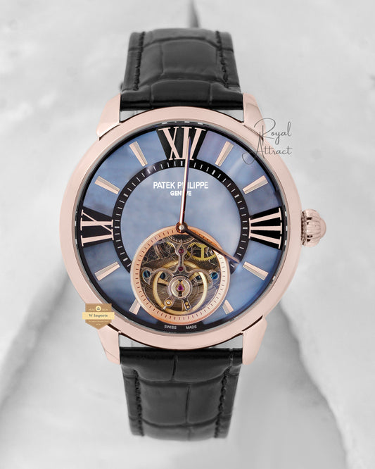 Latest Collection Tourbillon Rose Gold Case With Galaxy Blue Dial & Leather Strap