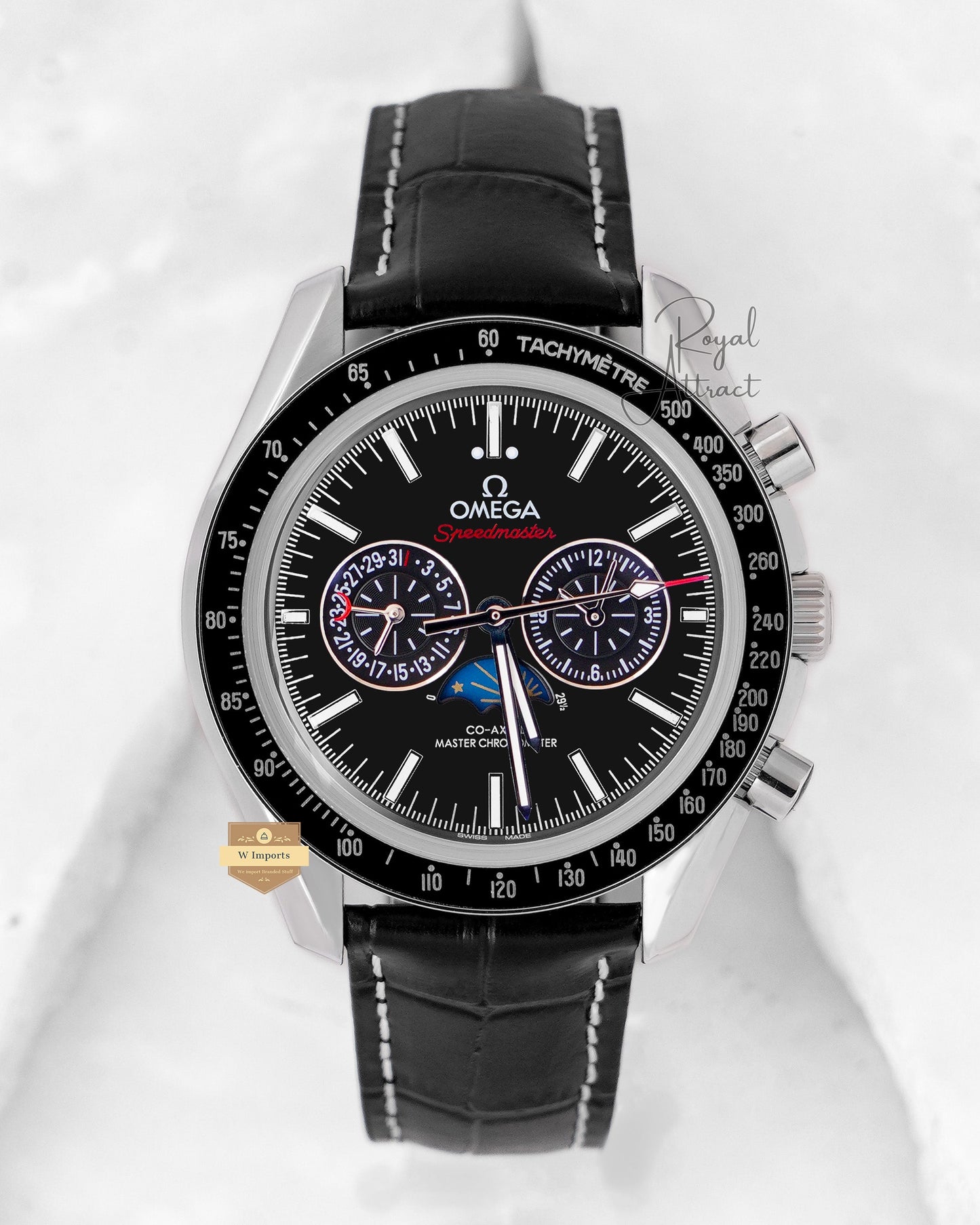 Latest Collection Moon Phase Silver Case With Black Dial & Leather Strap
