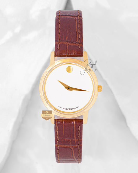 Latest Collection Yellow Gold Case With White Dial & Leather Strap Ladies Watch