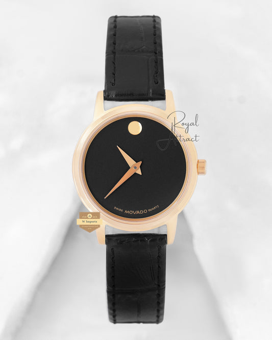 Latest Collection Yellow Gold Case With Black Dial & Leather Strap Ladies Watch