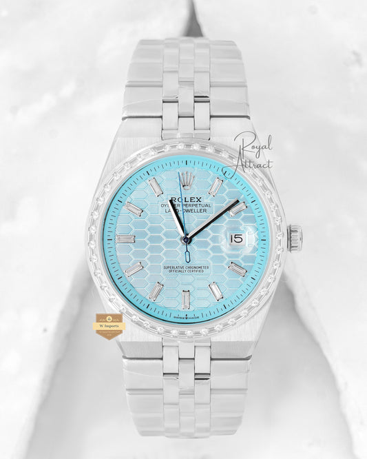 Latest Collection 40 Silver With Ice Blue Dial Stone Bezel Automatic Watch BP Made