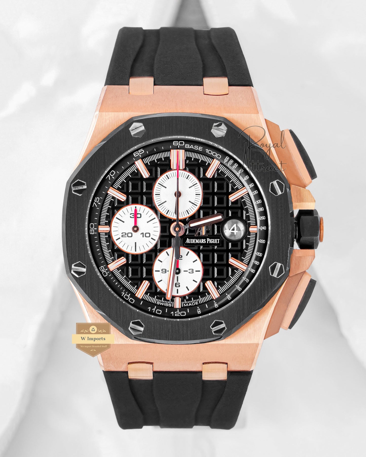 Latest Premium Automatic Chronograph Rose Gold Case With Black Dial & Rubber Strap