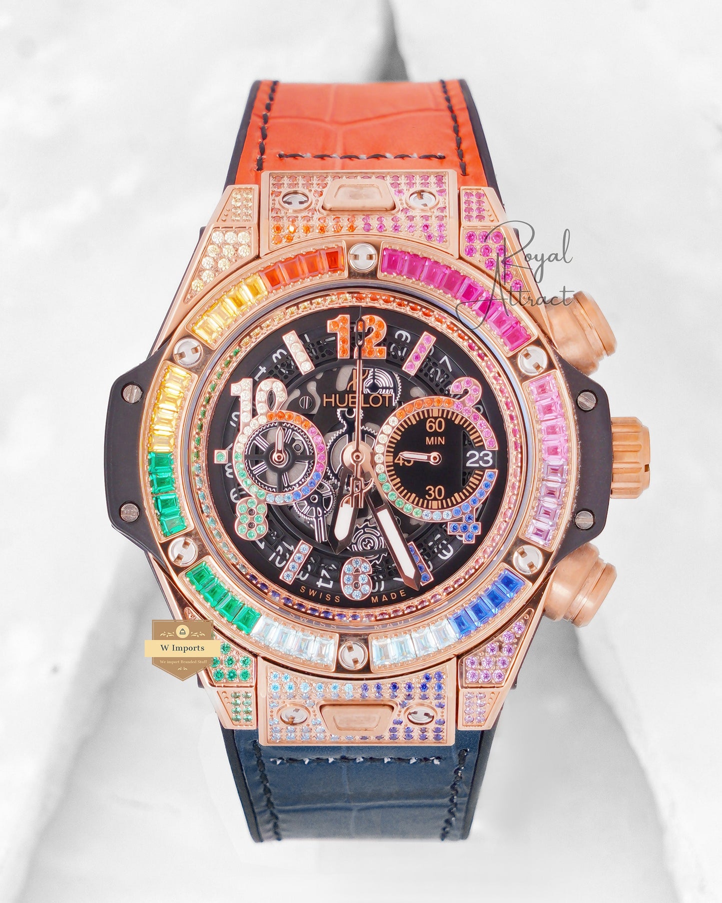 Latest Premium Collection Chronograph Rose Gold Rainbow Stone Bezel & Strap
