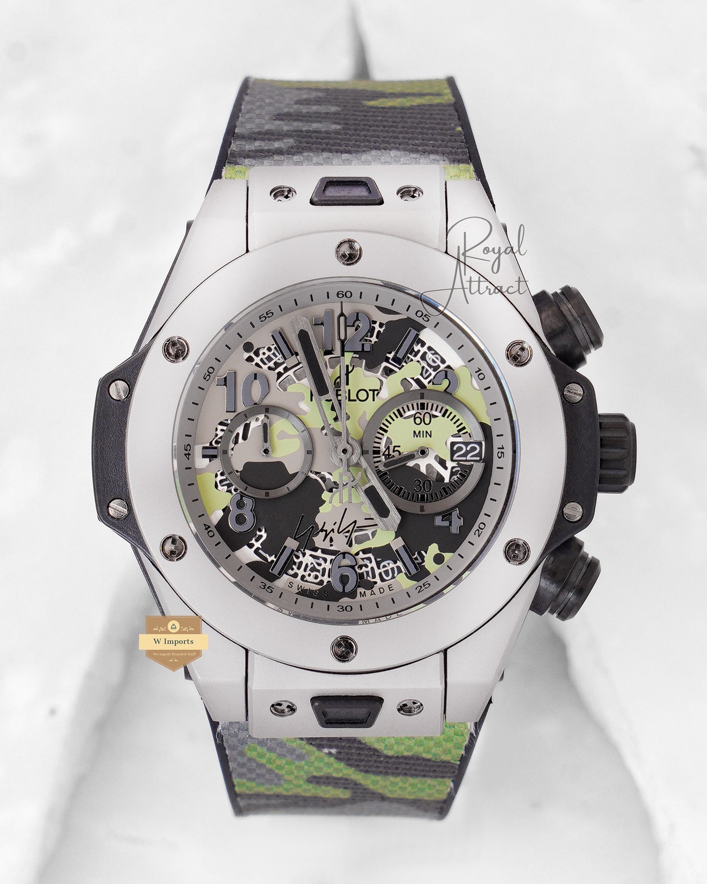 Premium Collection Chronograph Silver Case With Camouflage Dial And Strap Watch