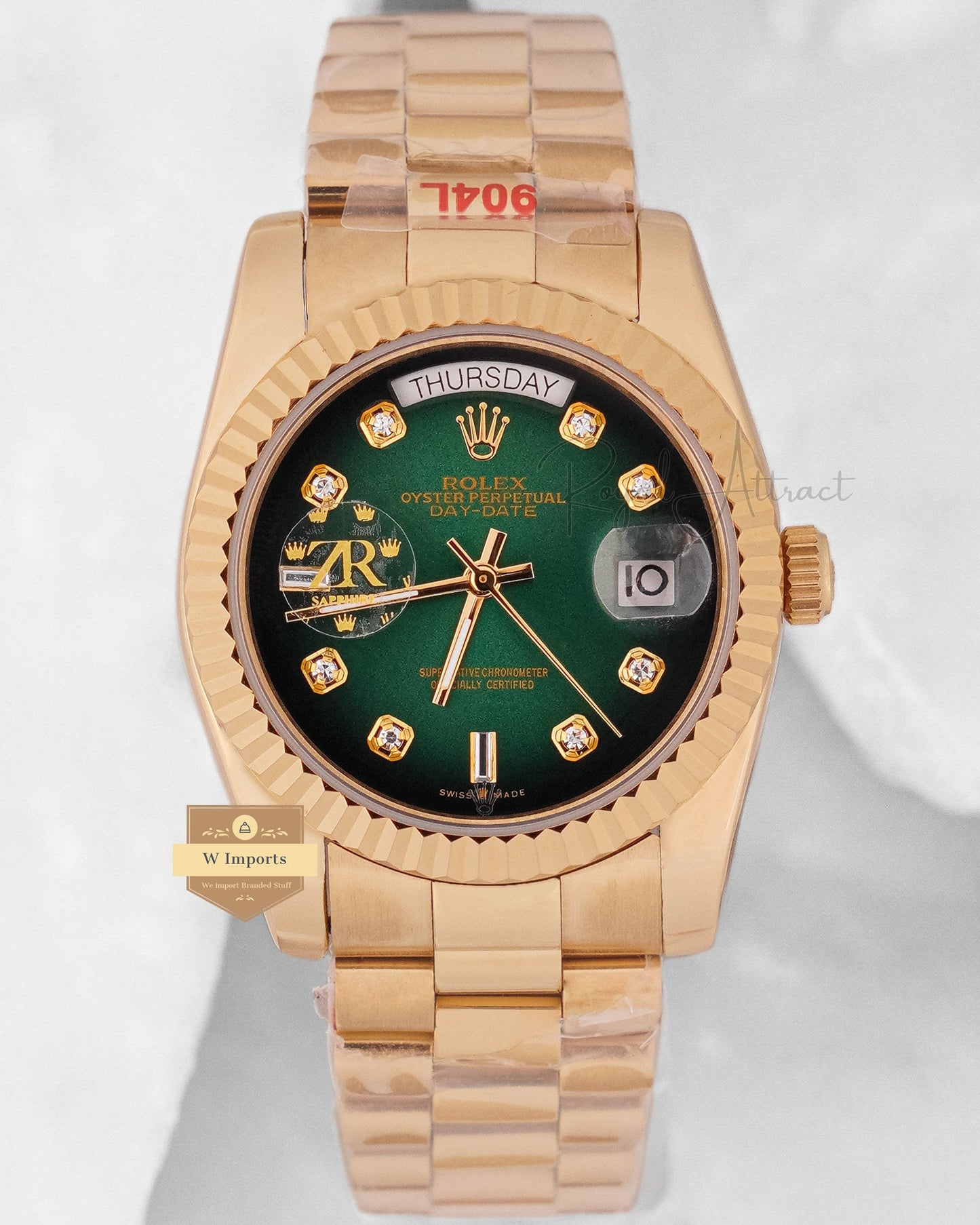 Latest Collection 36 Yellow Gold With Sea Green Dial Stone Figure & Fluted Bezel Automatic Watch Zr Factory