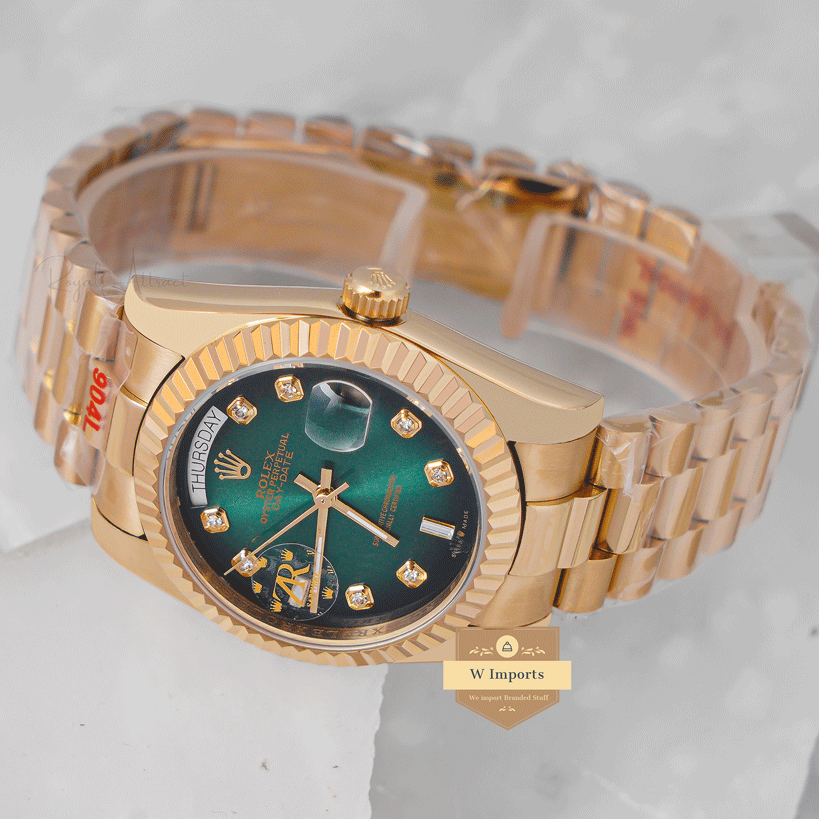 Latest Collection 36 Yellow Gold With Sea Green Dial Stone Figure & Fluted Bezel Automatic Watch Zr Factory