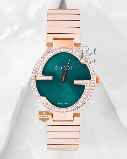 Latest Collection Rose Gold With Green Dial Stone Bezel Unisex Watch