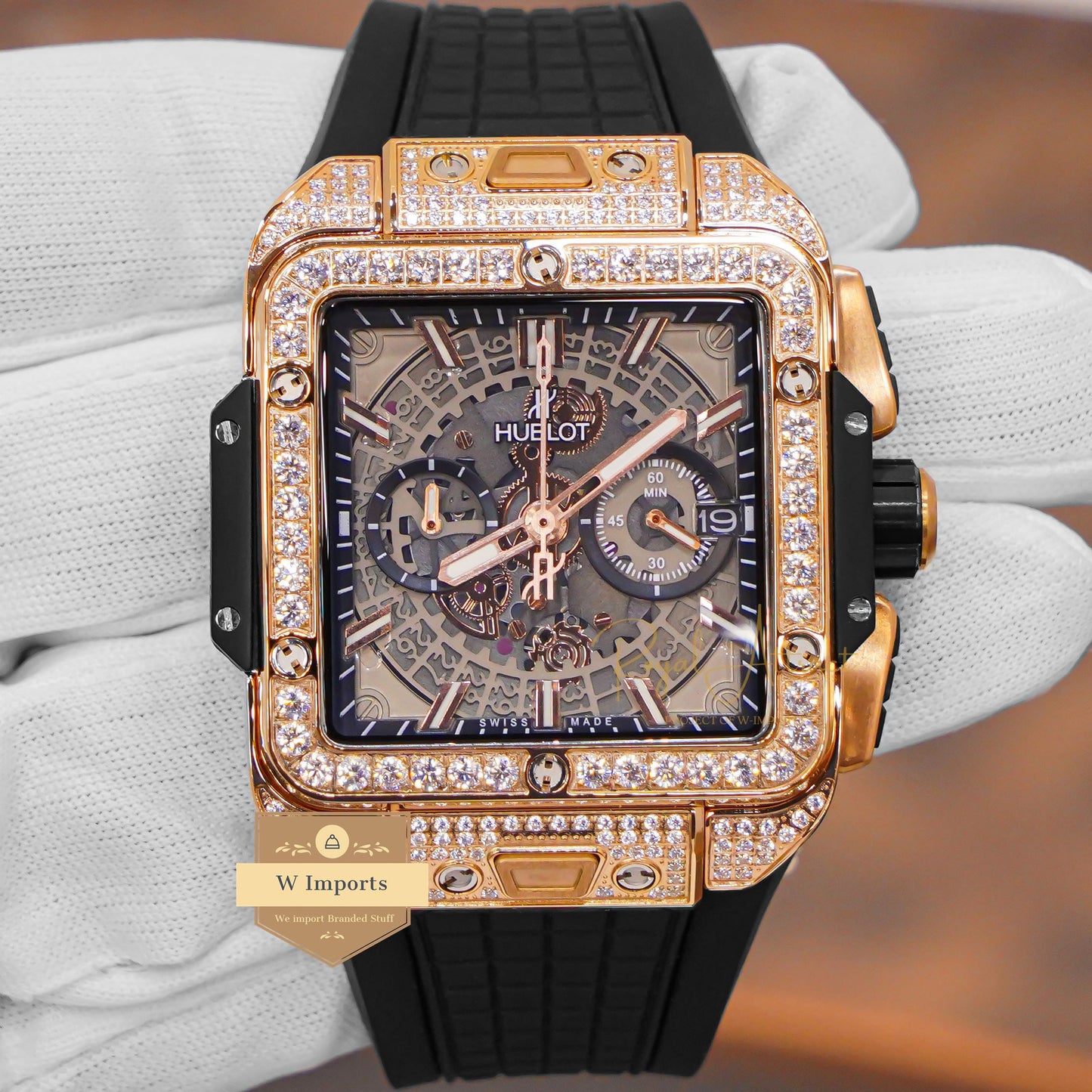 LATEST PREMIUM COLLECTION CHRONOGRAPH ROSE GOLD STONE BEZEL & BLACK DIAL WITH PVC STRAP