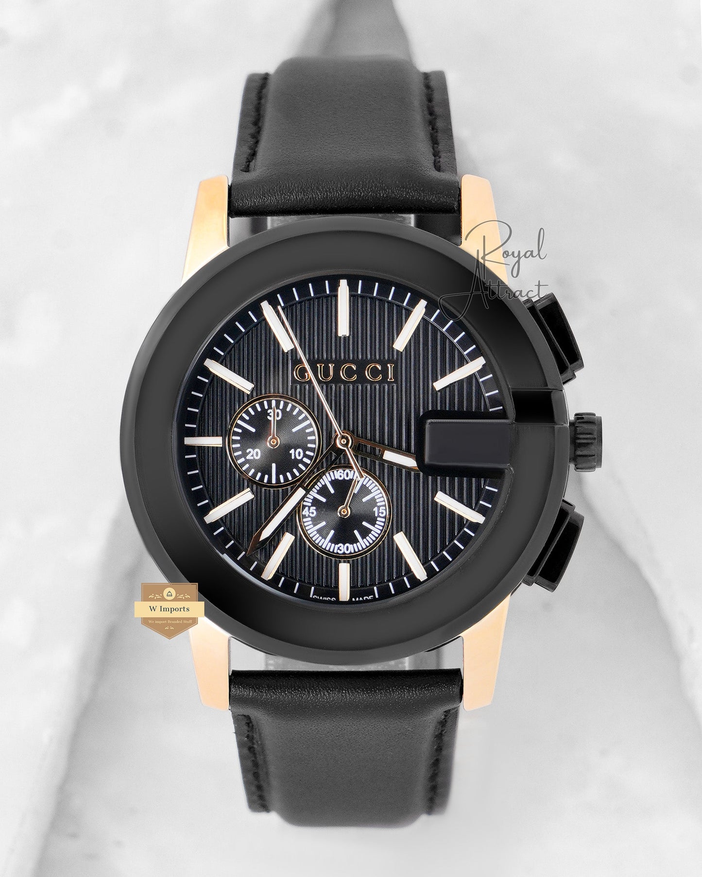 LATEST COLLECTION CHRONOGRAPH YELLOW GOLD CASE WITH BLACK DIAL & LEATHER STRAP