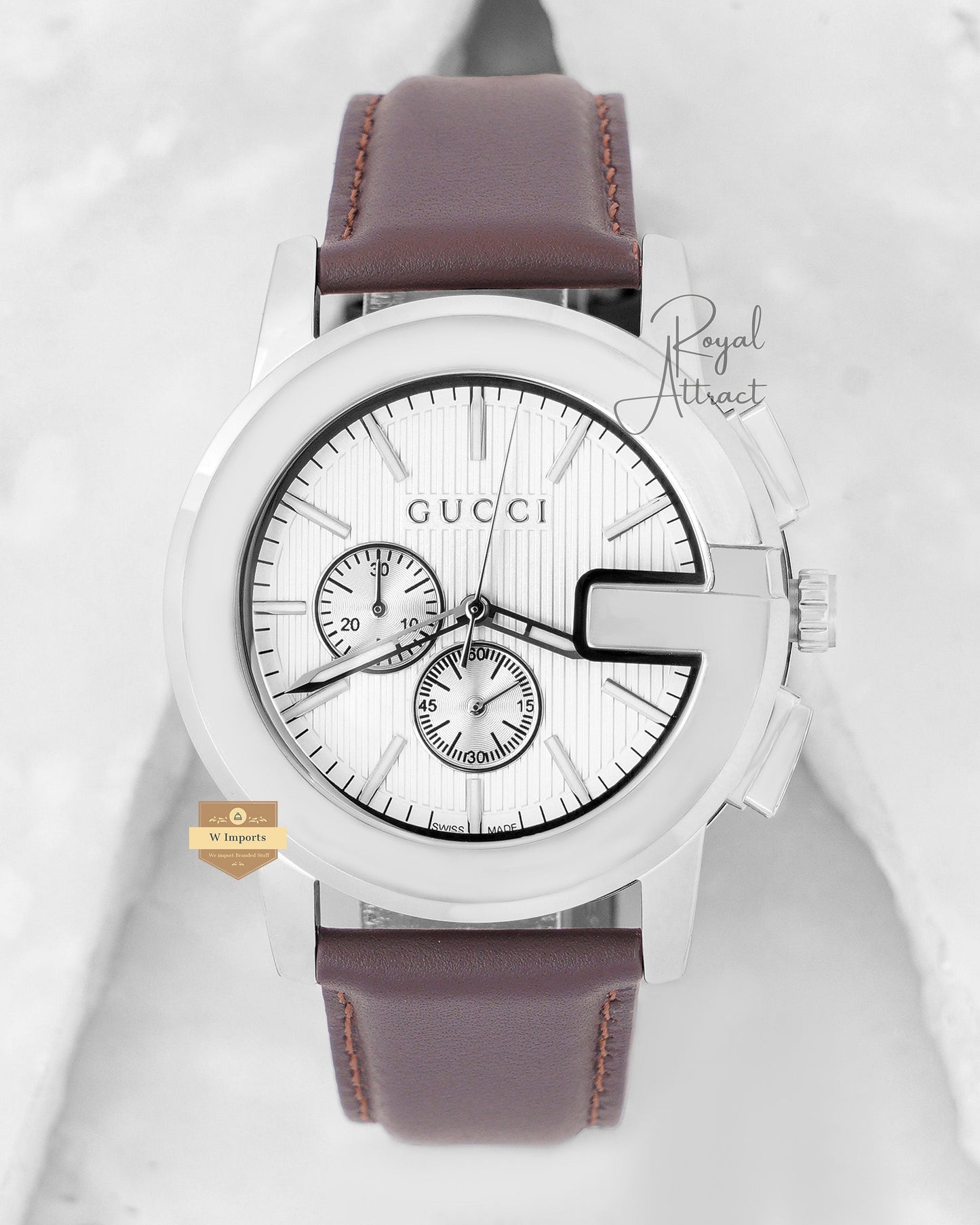 LATEST COLLECTION CHRONOGRAPH SILVER CASE WITH WHITE DIAL & BROWN LEATHER STRAP