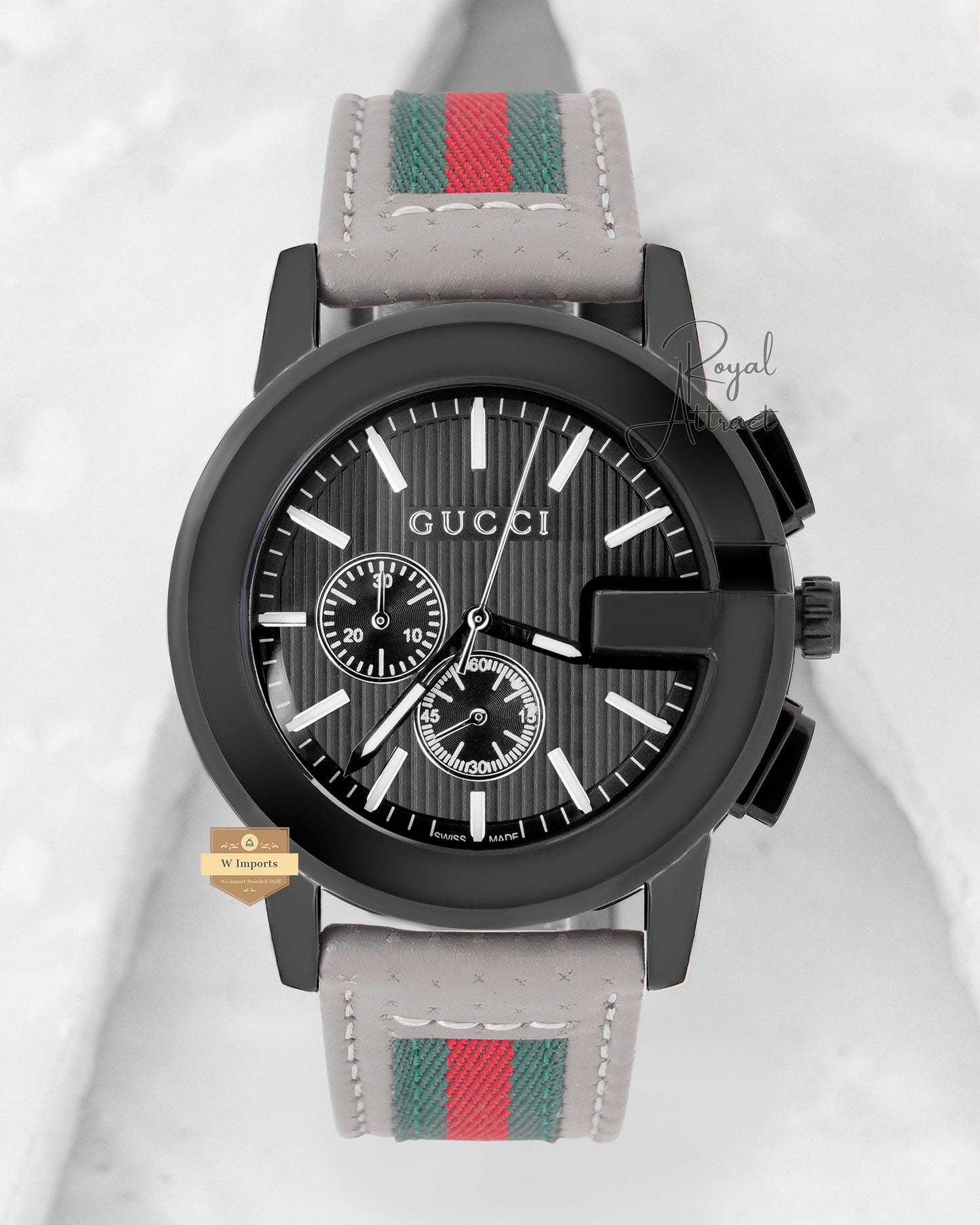 Latest Collection Chronograph All Black Case With Dial And Gray Leather Strap