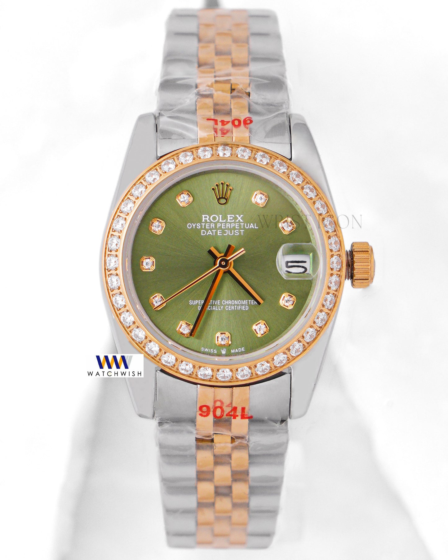 LATEST LADIES COLLECTION 31 TWO TONE YELLOW GOLD WITH GREEN DIAL STONE BEZEL AUTOMATIC WATCH ZR FACTORY