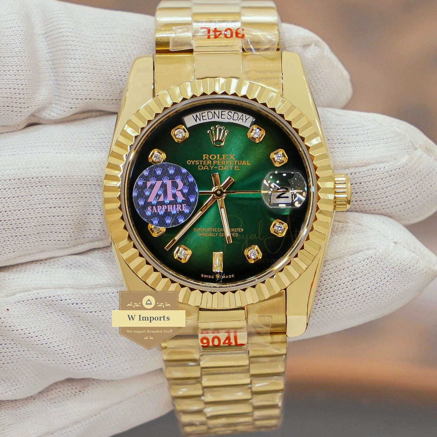 LATEST COLLECTION 36 ALL YELLOW GOLD WITH SEA GREEN DIAL STONE FIGURE & FLUTED BEZEL AUTOMATIC WATCH ZR FACTORY