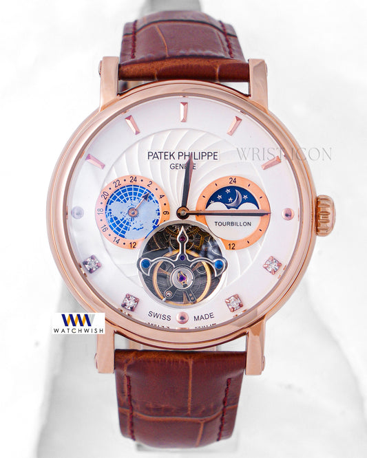 Latest Collection Tourbillon Moon phase Rose Gold Case With White Dial & Leather Strap