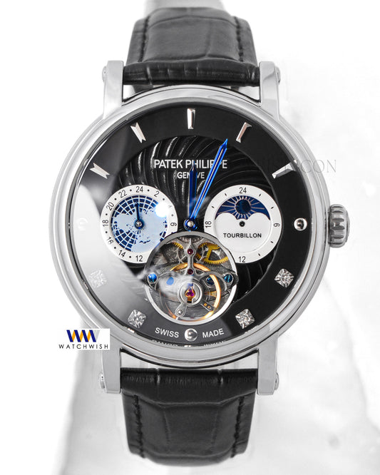 Latest Collection Tourbillon Moon phase Silver Case With Black Dial & Leather Strap