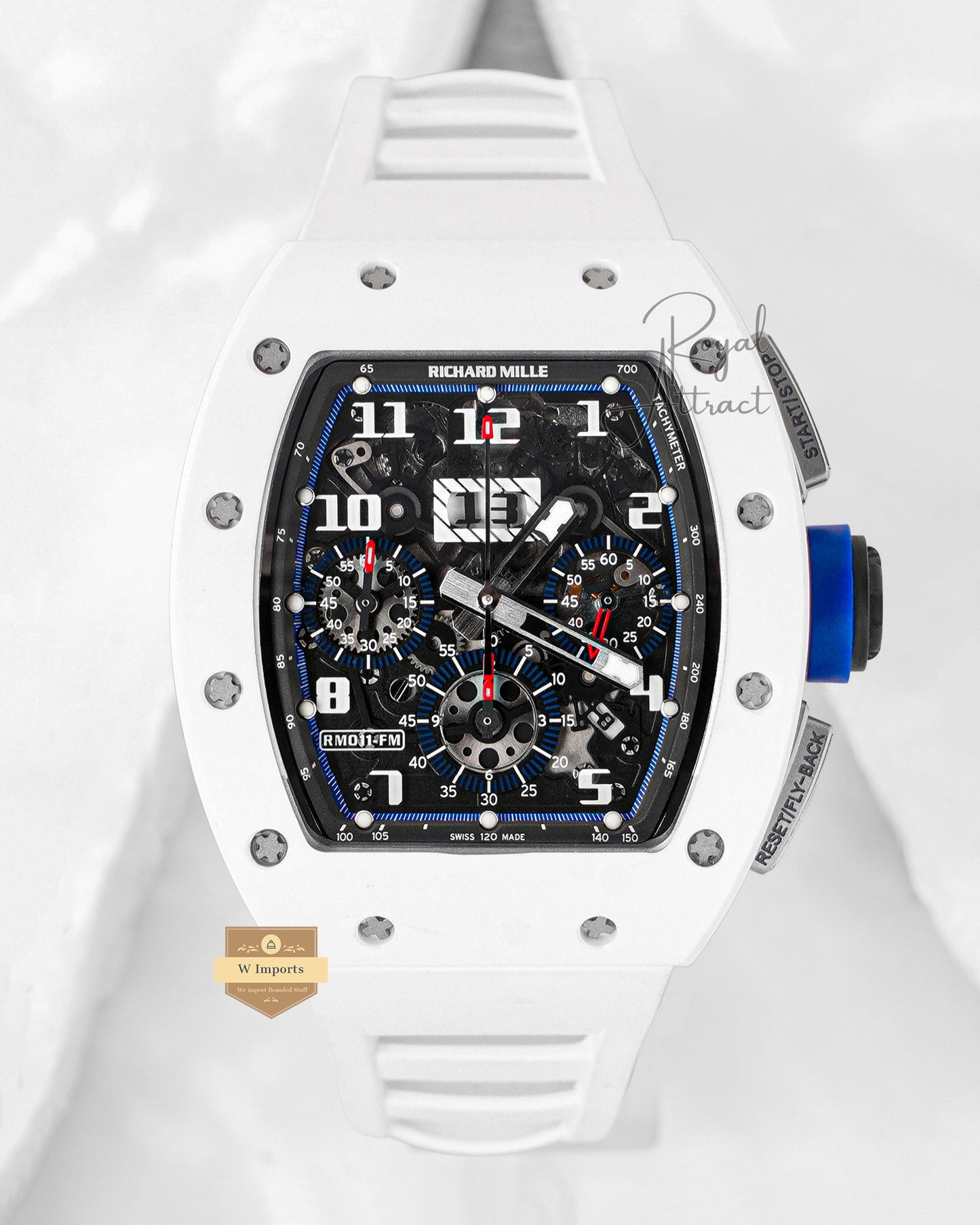 Latest Collection Chronograph White Ceramic Case Black Skeleton Dial With White Rubber Strap