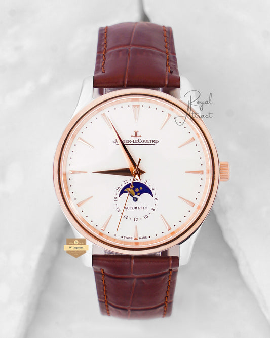 Latest Collection Moon Phase Dual Tone Silver Case With White Dial & Brown Leather Strap