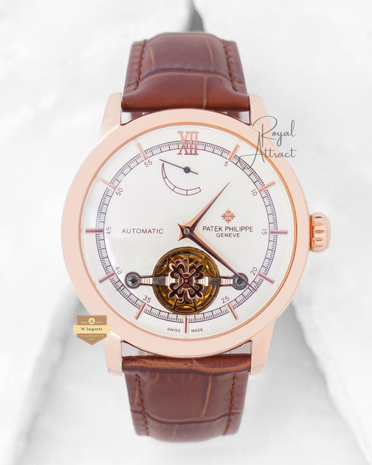 Latest Collection Tourbillon Rose Gold Case With White Dial & Brown Leather Strap