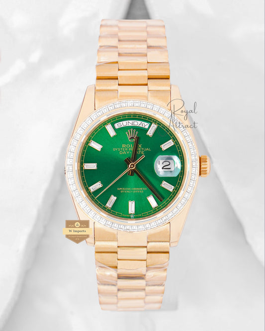 Latest Collection 36 Yellow Gold With Green Dial Stone Bezel Automatic Watch Bp Made