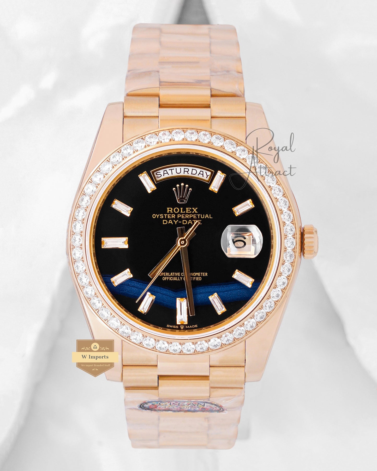 Premium Collection 40 Yellow Gold With Black Dial & Stone Bezel Automatic Watch Clean Made